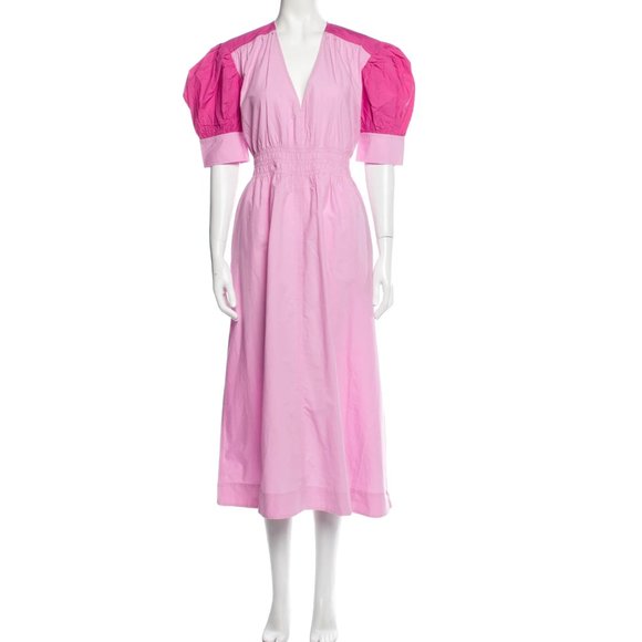 GANNI |  NWT Pink Puff Sleeve V-neck Dress - Picture 1 of 7